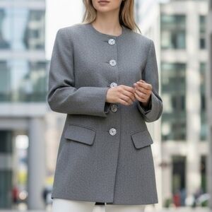 Vintage Oleg Cassini gray blazer long and fitted silhouette collarless Sz 6
